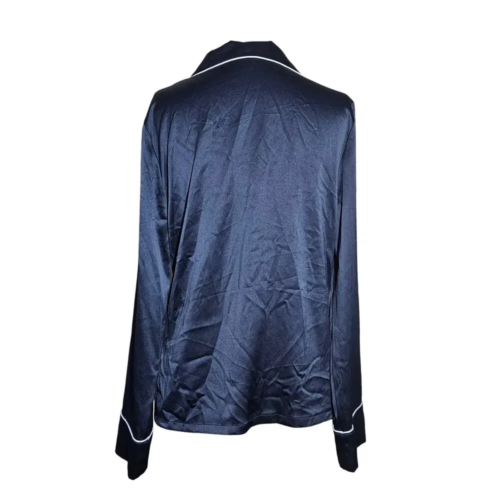 Black Satin Button Down Lounge Top Size XS